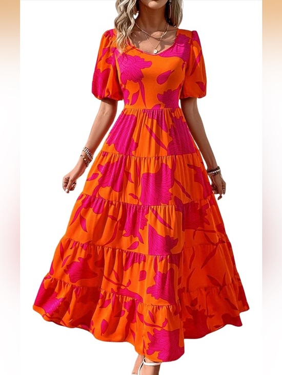 Amazon Essentials Dresses & Skirts - Médium Bright Orange & Pink Floral Tiered Maxi Dress - Women's